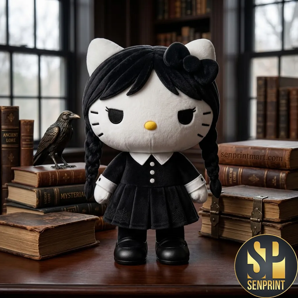 Wednesday Addams Hello Kitty Crossover Gothic Halloween Plush Doll