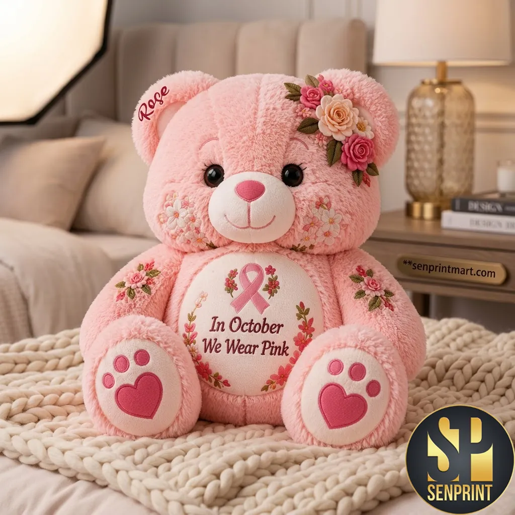 Personalized In October We Wear Pink Breast Cancer Awareness Bear Pillow
