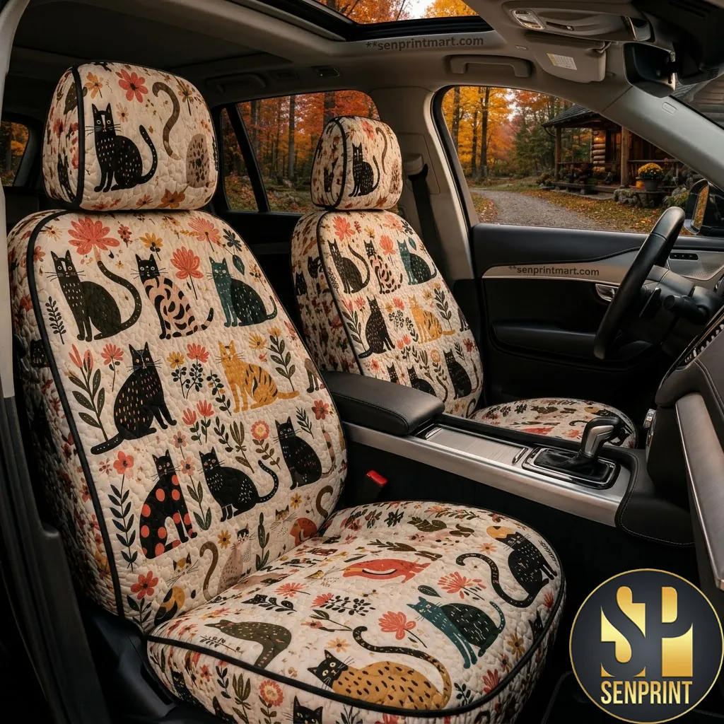 Whimsical Cat Floral Print Universal Fit Car Seat Covers
