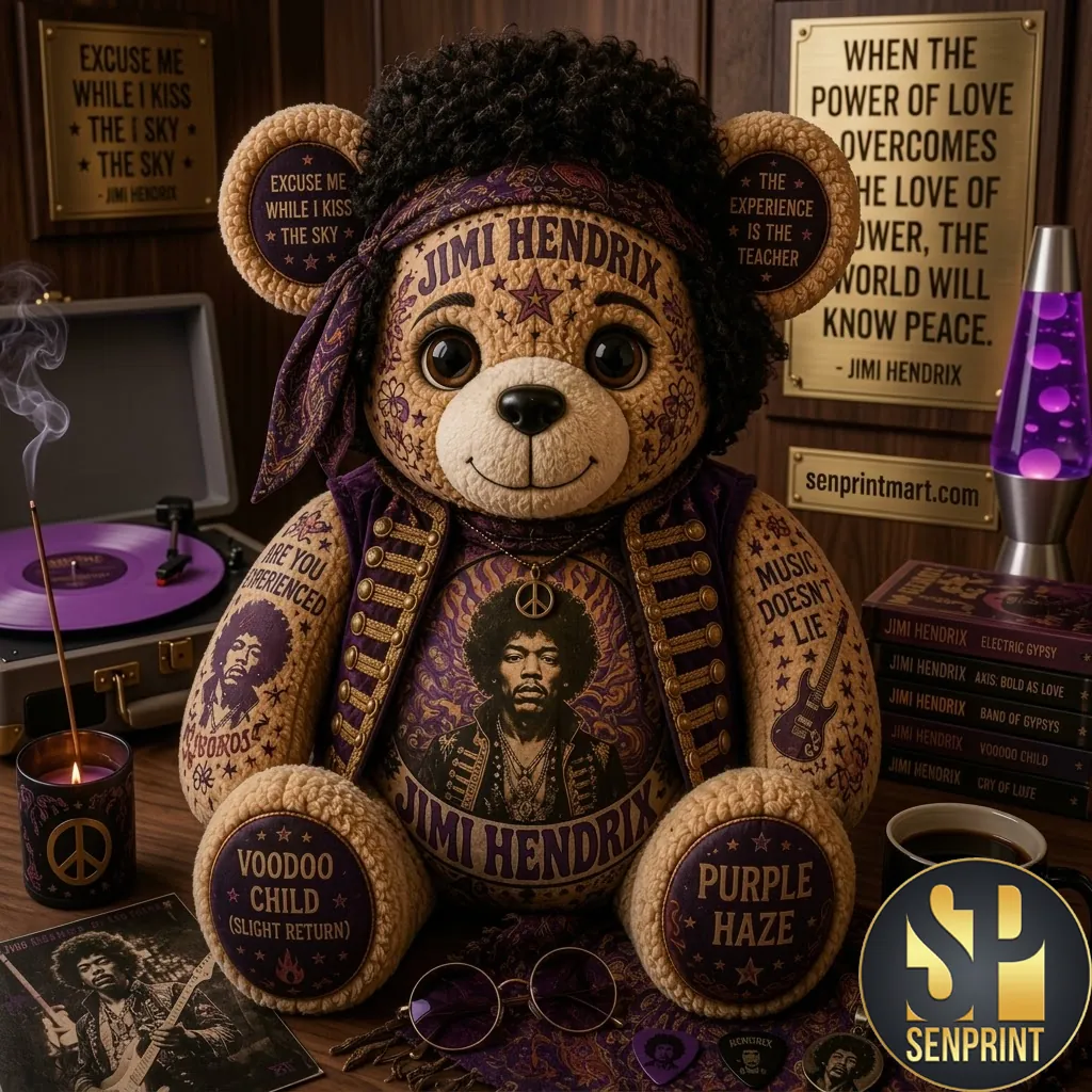 Jimi Hendrix Purple Haze Psychedelic Rock Music Legend Plush Bear