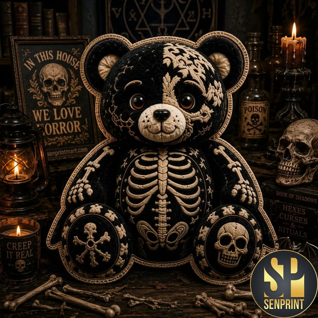 Gothic Skeleton Bear Spooky Halloween Decorative Throw Pillow