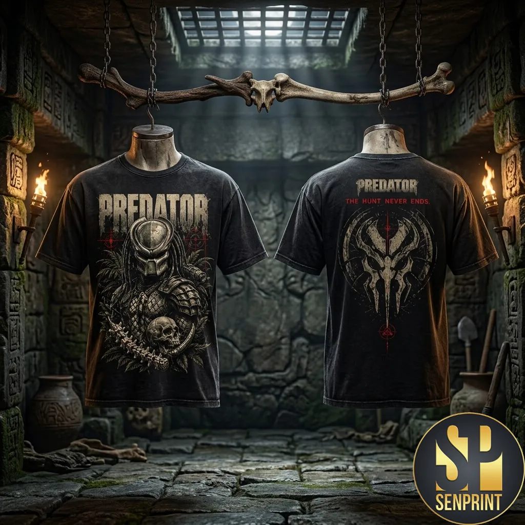 Predator The Hunt Never Ends Vintage Sci-Fi Movie Graphic T-Shirt