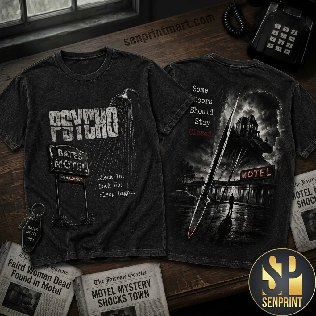 Psycho Bates Motel Horror Movie Graphic Vintage Wash T-Shirt