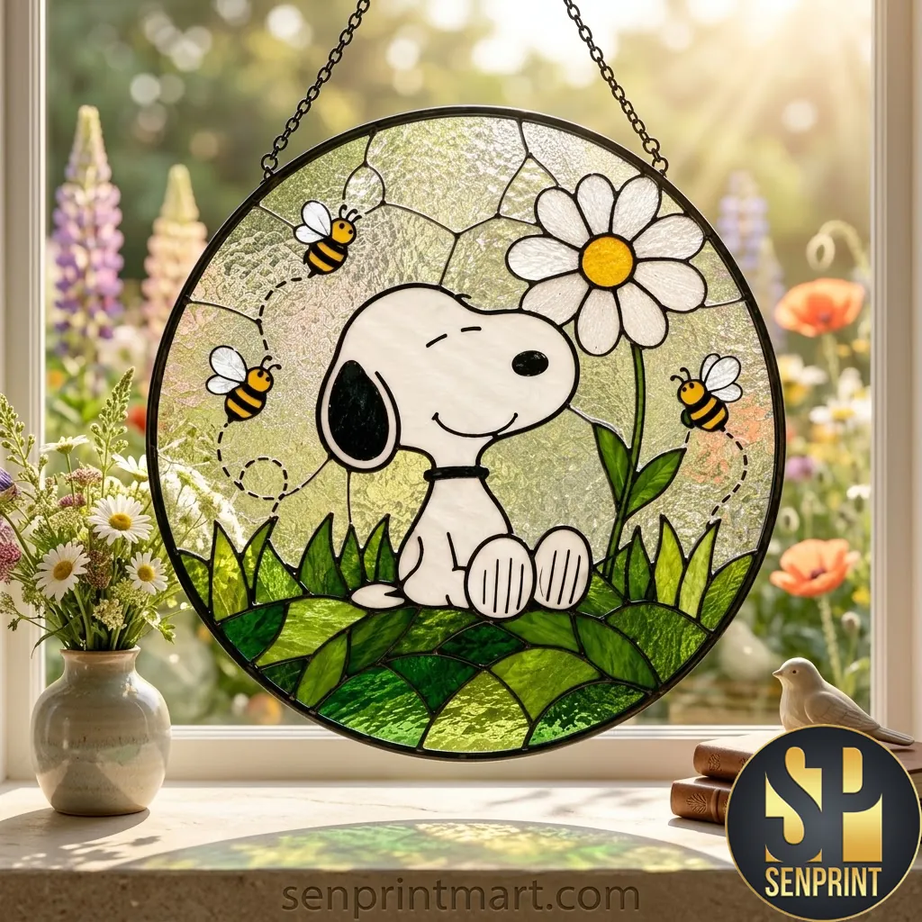 Snoopy Daisy Garden Stained Glass Style Window Suncatcher