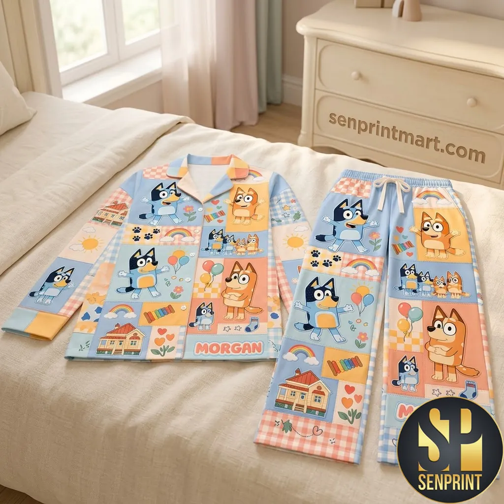Personalized Bluey Character Print Cozy Pajamas Set
