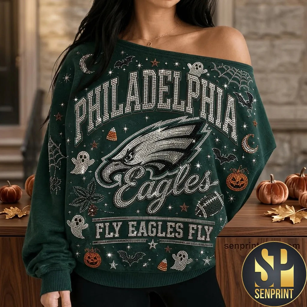 Philadelphia Eagles Rhinestone Halloween Off Shoulder Sweatshirt