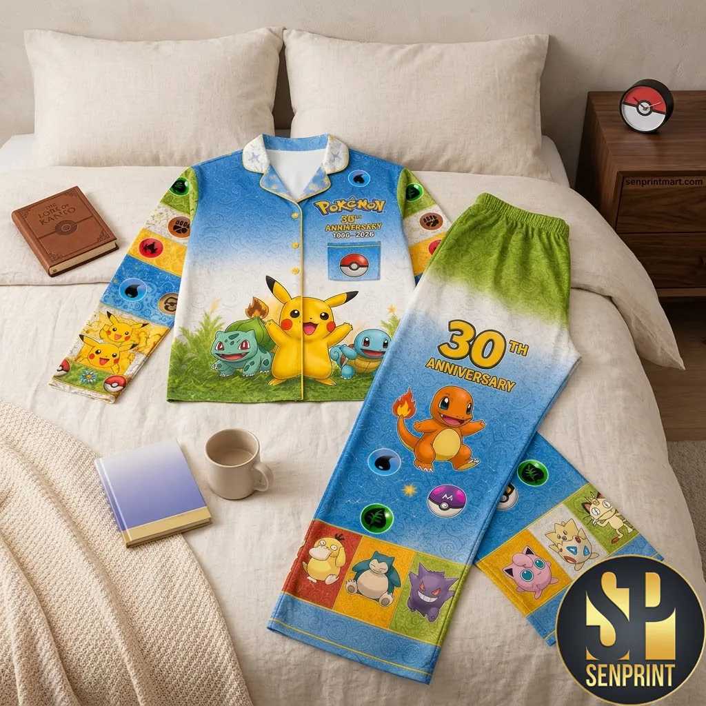 Pokemon 30th Anniversary Pikachu Character Button Up Pajama Set