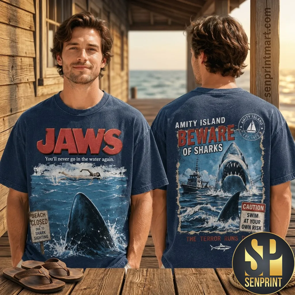 Jaws Amity Island Beware Of Sharks Horror Movie Graphic T-Shirt