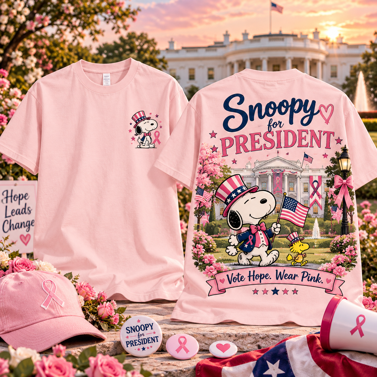 Snoopy For President Breast Cancer Awareness Pink Ribbon Vote Hope Wear Pink Patriotic Graphic T-Shirt