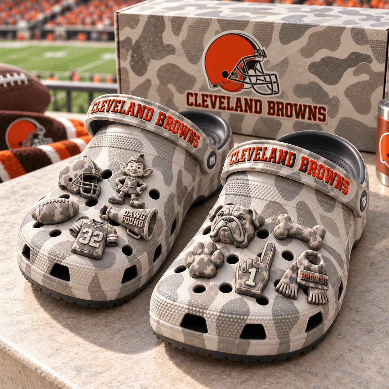 Cleveland Browns NFL Deer Camo Premium Dawg Pound 3D Charm Clogs