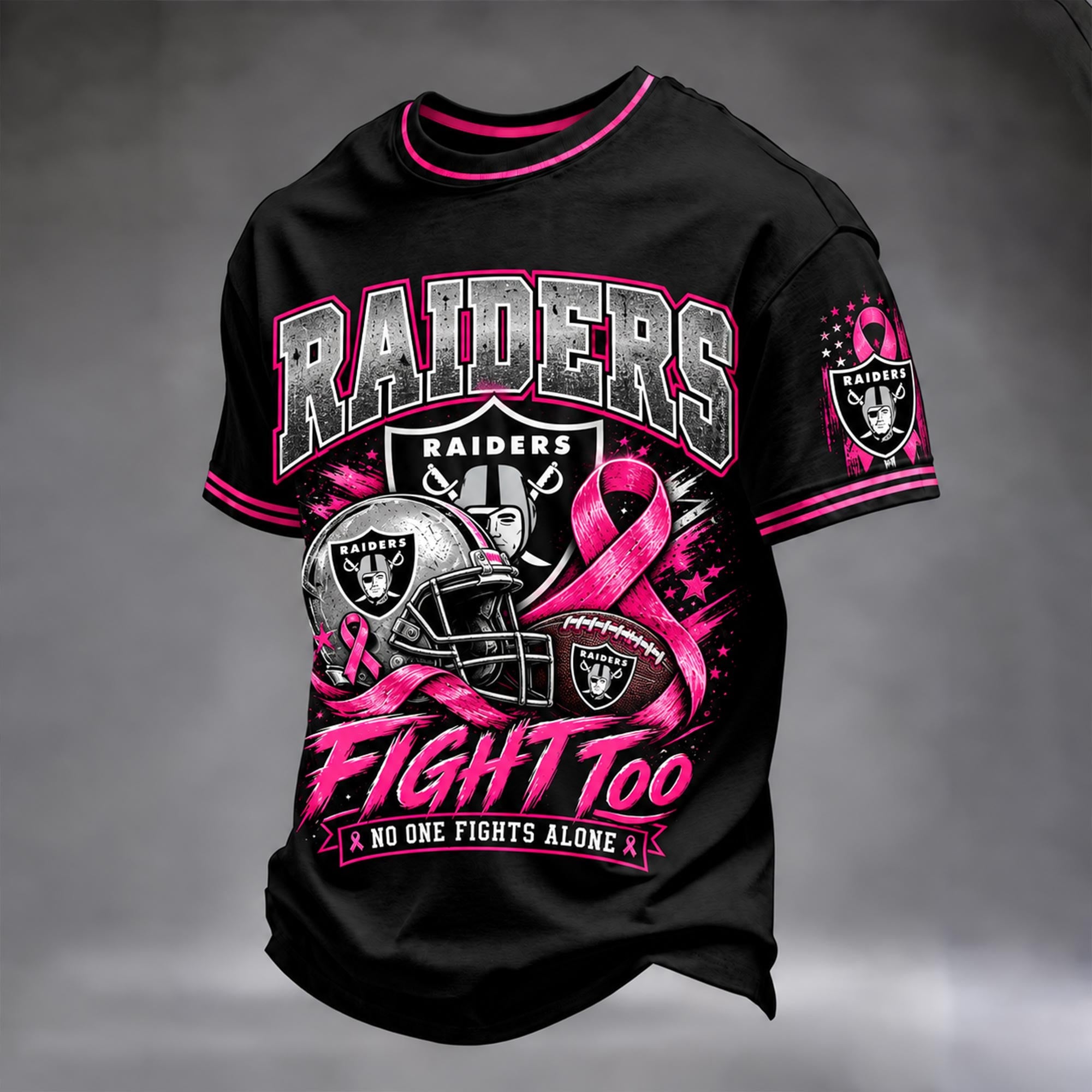 Las Vegas Raiders Breast Cancer Awareness Pink Ribbon Fight Too Graphic T-Shirt