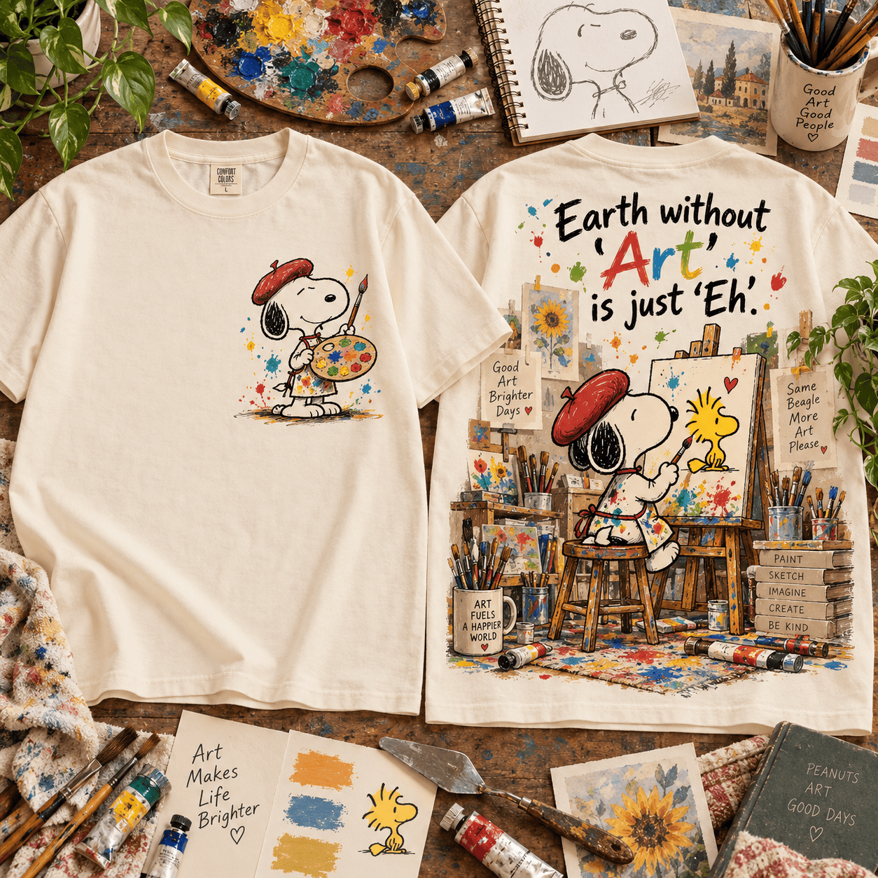 Snoopy Artist Earth Without Art Is Just Eh Vintage Graphic Art Lover Gift T-Shirt
