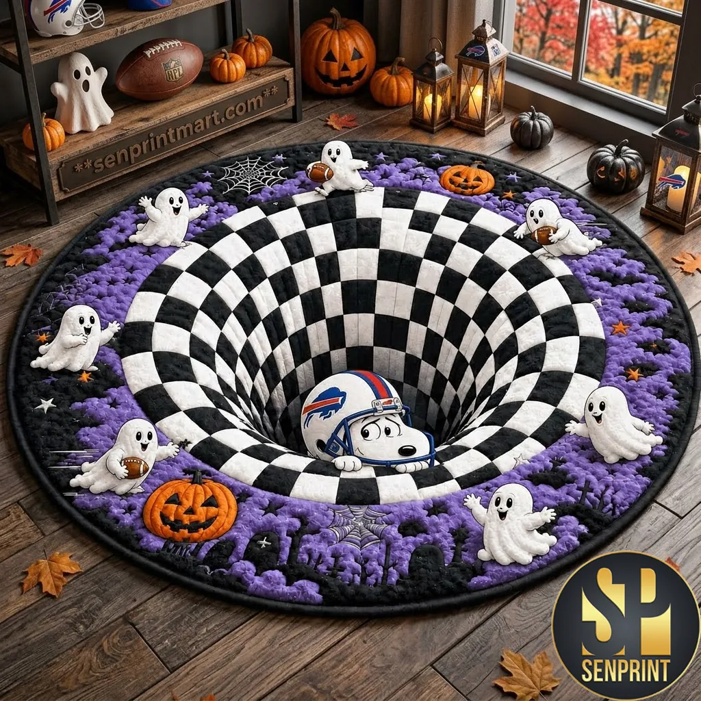 Buffalo Bills Halloween 3D Illusion Ghost Quilted Round Rug