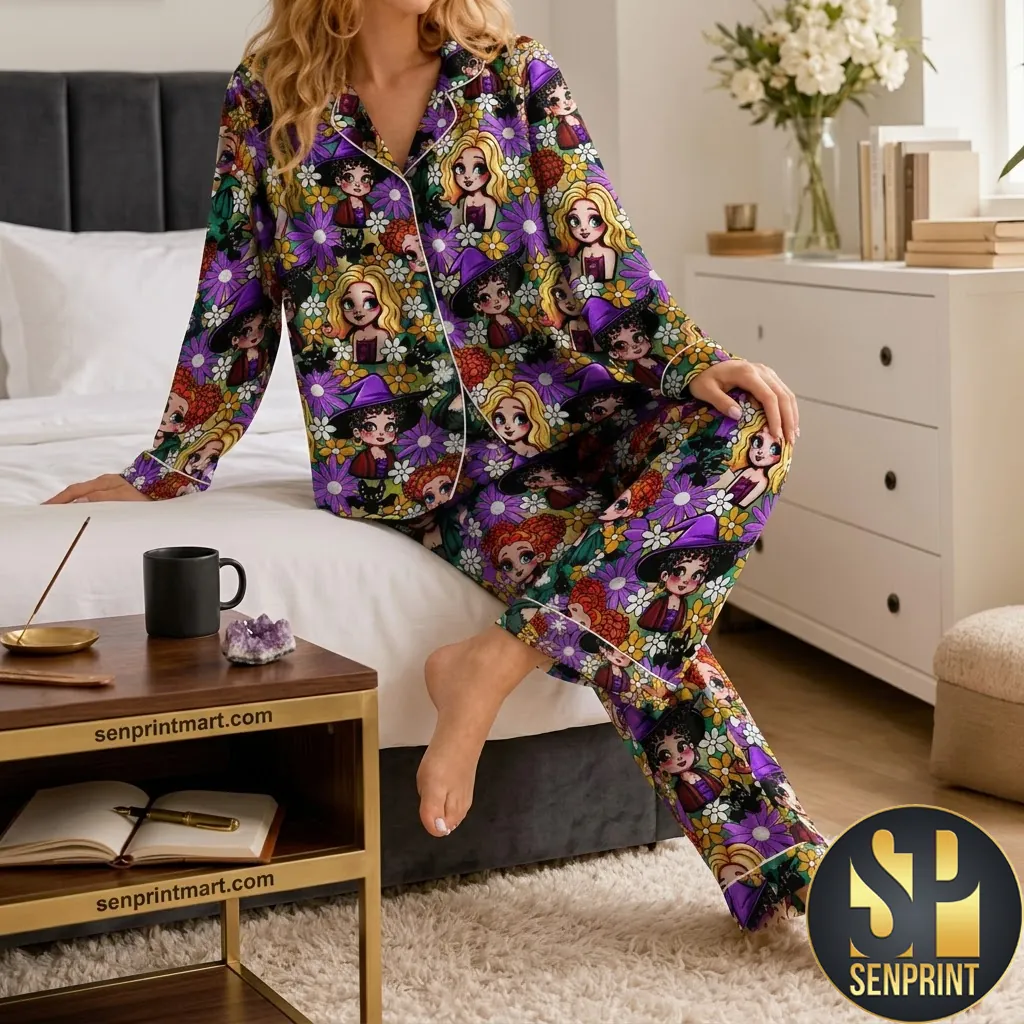 Hocus Pocus Floral Character Print Women Pajamas Set