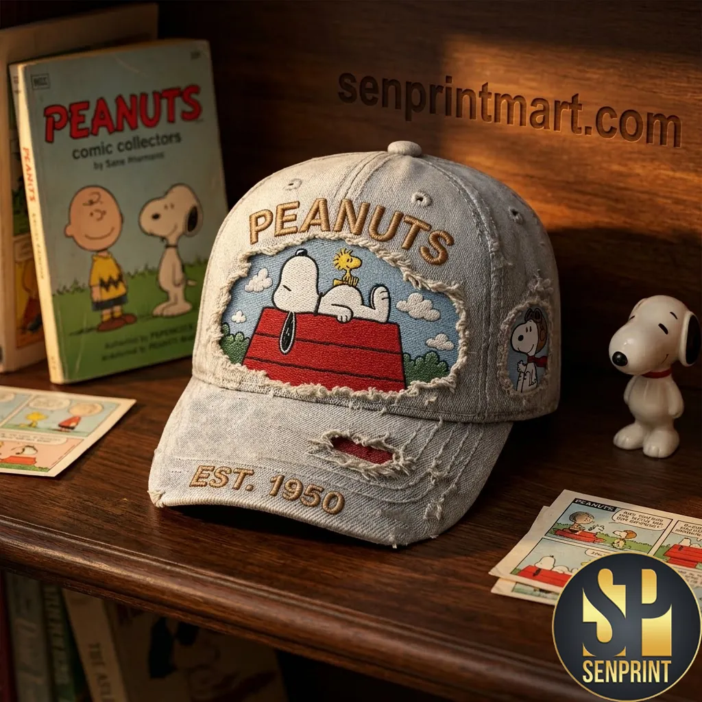 Peanuts Snoopy Est 1950 Embroidered Distressed Denim Baseball Cap