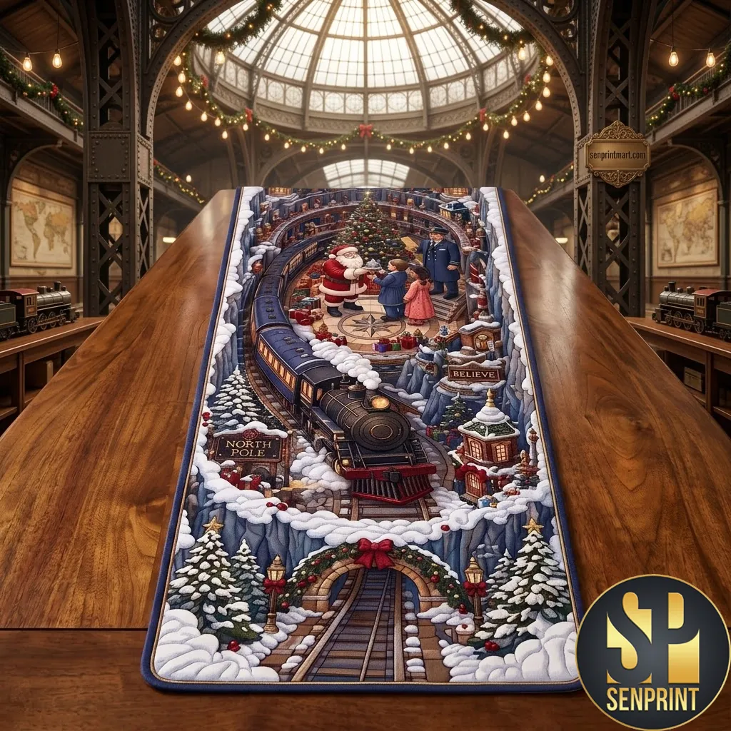 North Pole Polar Express Christmas Train Quilted Table Runner