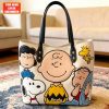 Personalized Snoopy and Charlie Brown Cartoon Friends Custom Name Faux Leather Tote Bag