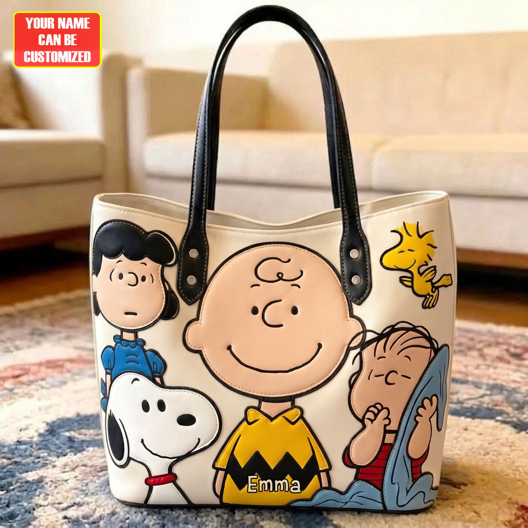 Personalized Snoopy and Charlie Brown Cartoon Friends Custom Name Faux Leather Tote Bag