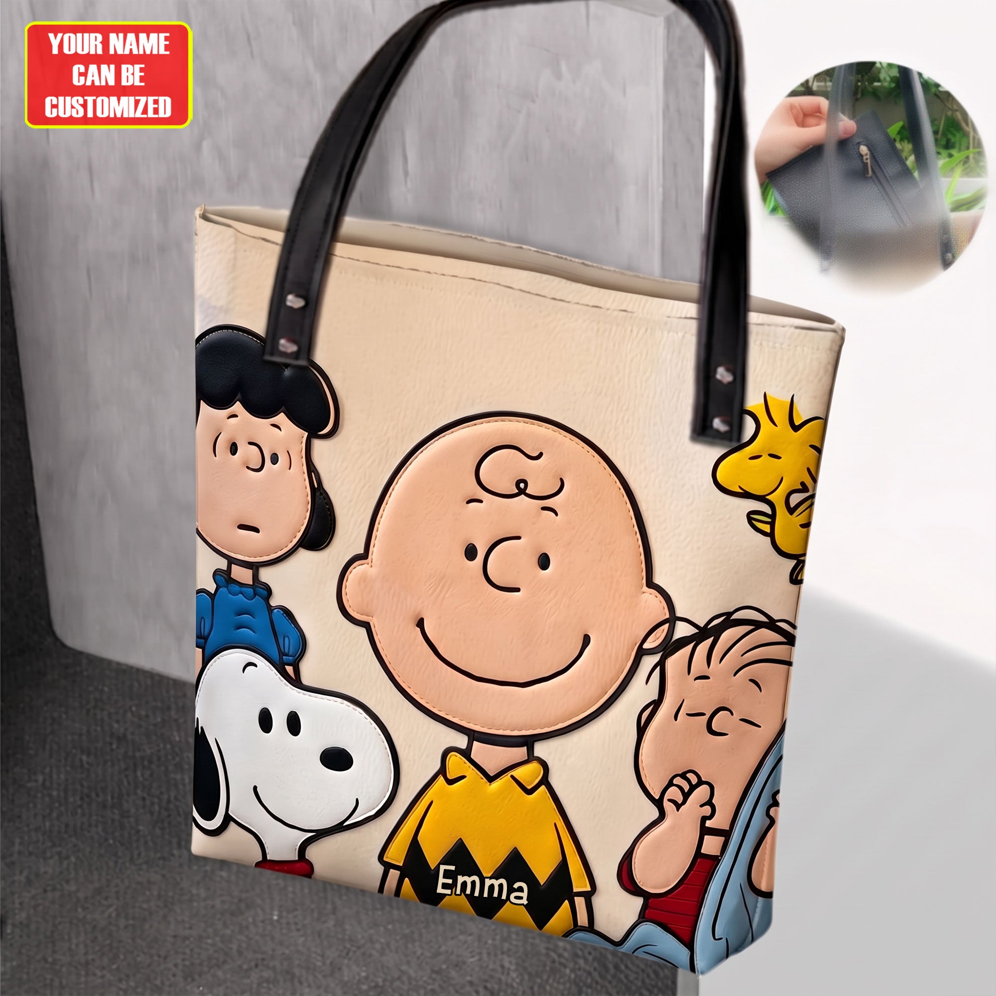 Personalized Snoopy and Charlie Brown Cartoon Friends Custom Name Faux Leather Tote Bag Personalized Snoopy and Charlie Brown Cartoon Friends Custom Name Faux Leather Tote Bag