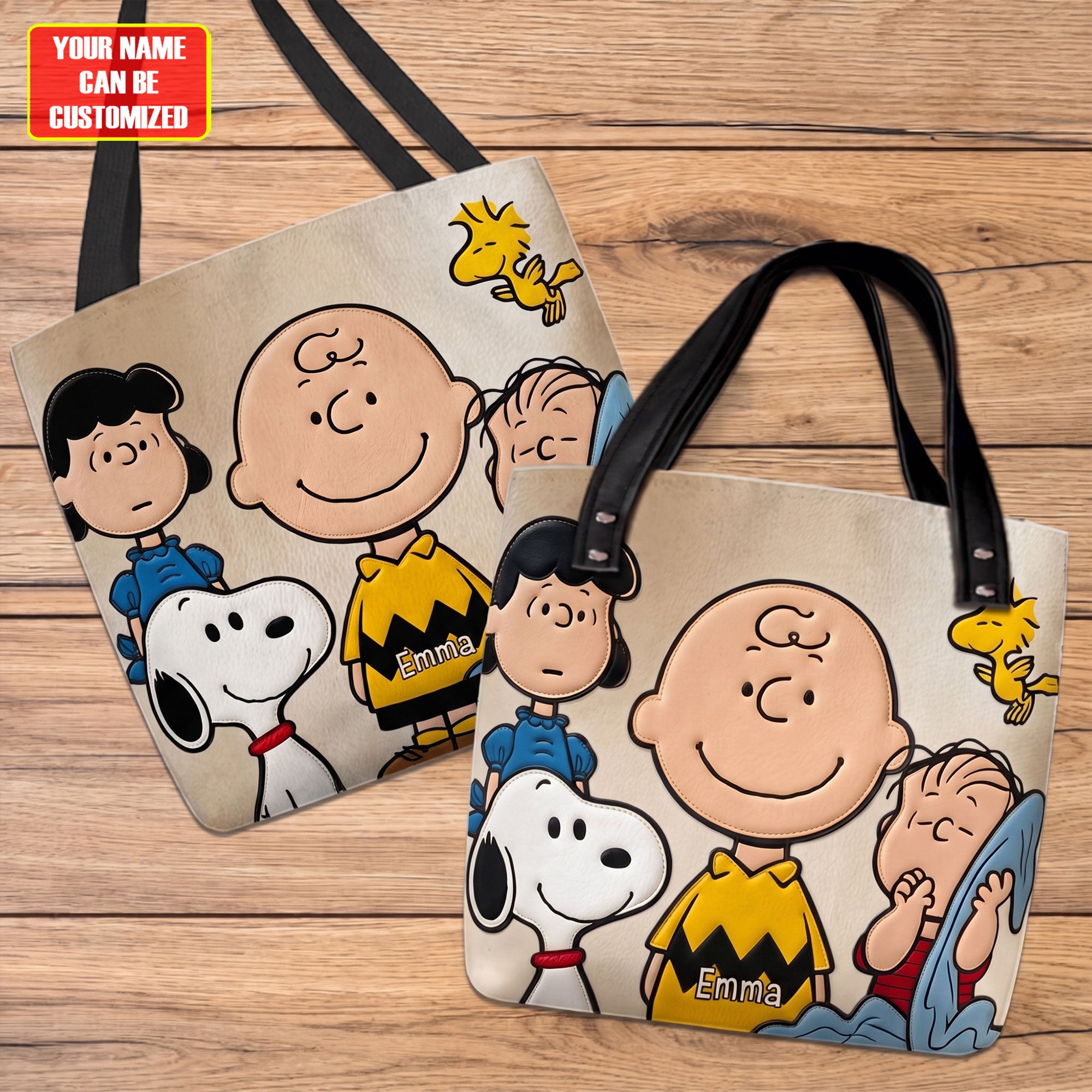 Personalized Snoopy and Charlie Brown Cartoon Friends Custom Name Faux Leather Tote Bag Personalized Snoopy and Charlie Brown Cartoon Friends Custom Name Faux Leather Tote Bag