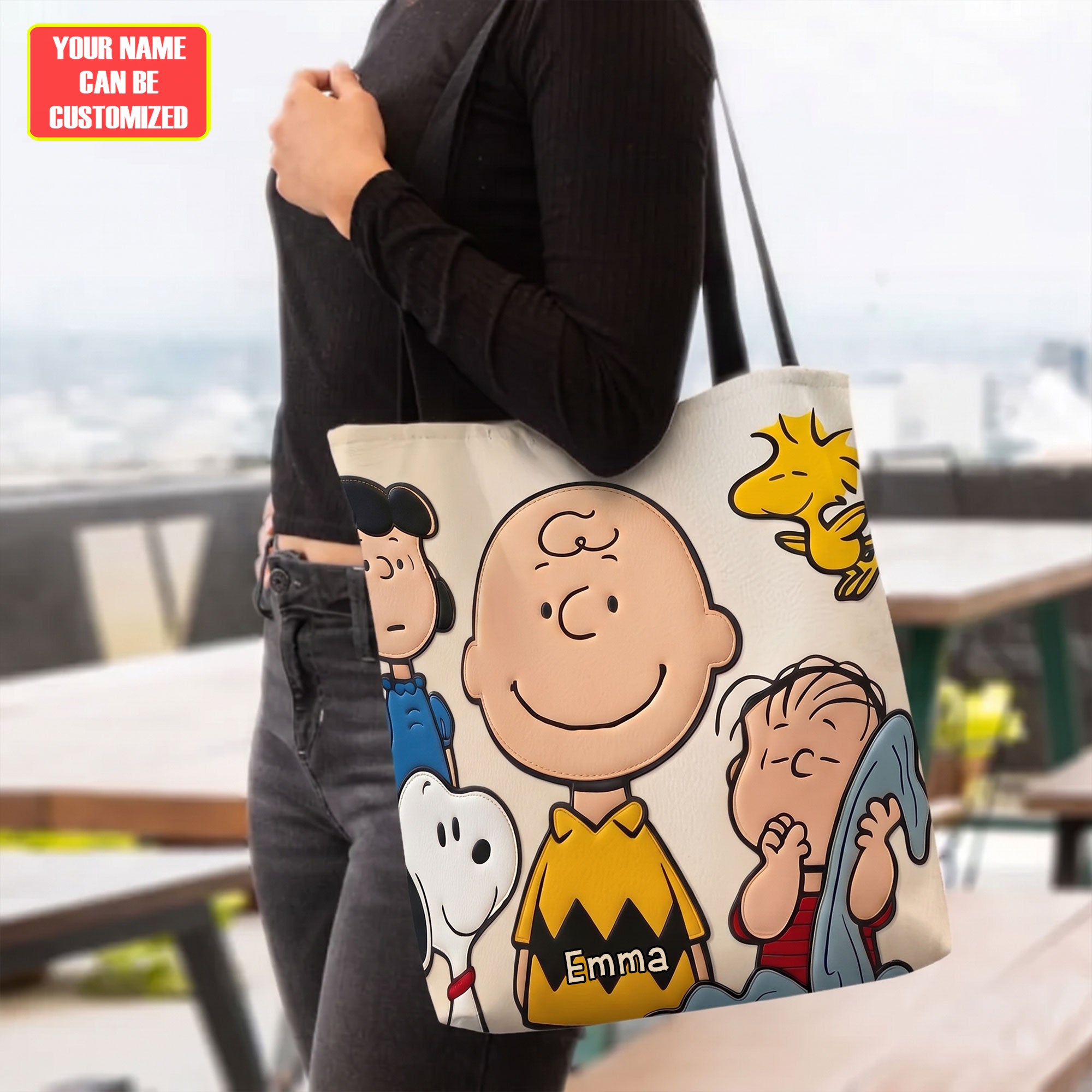 Personalized Snoopy and Charlie Brown Cartoon Friends Custom Name Faux Leather Tote Bag Personalized Snoopy and Charlie Brown Cartoon Friends Custom Name Faux Leather Tote Bag