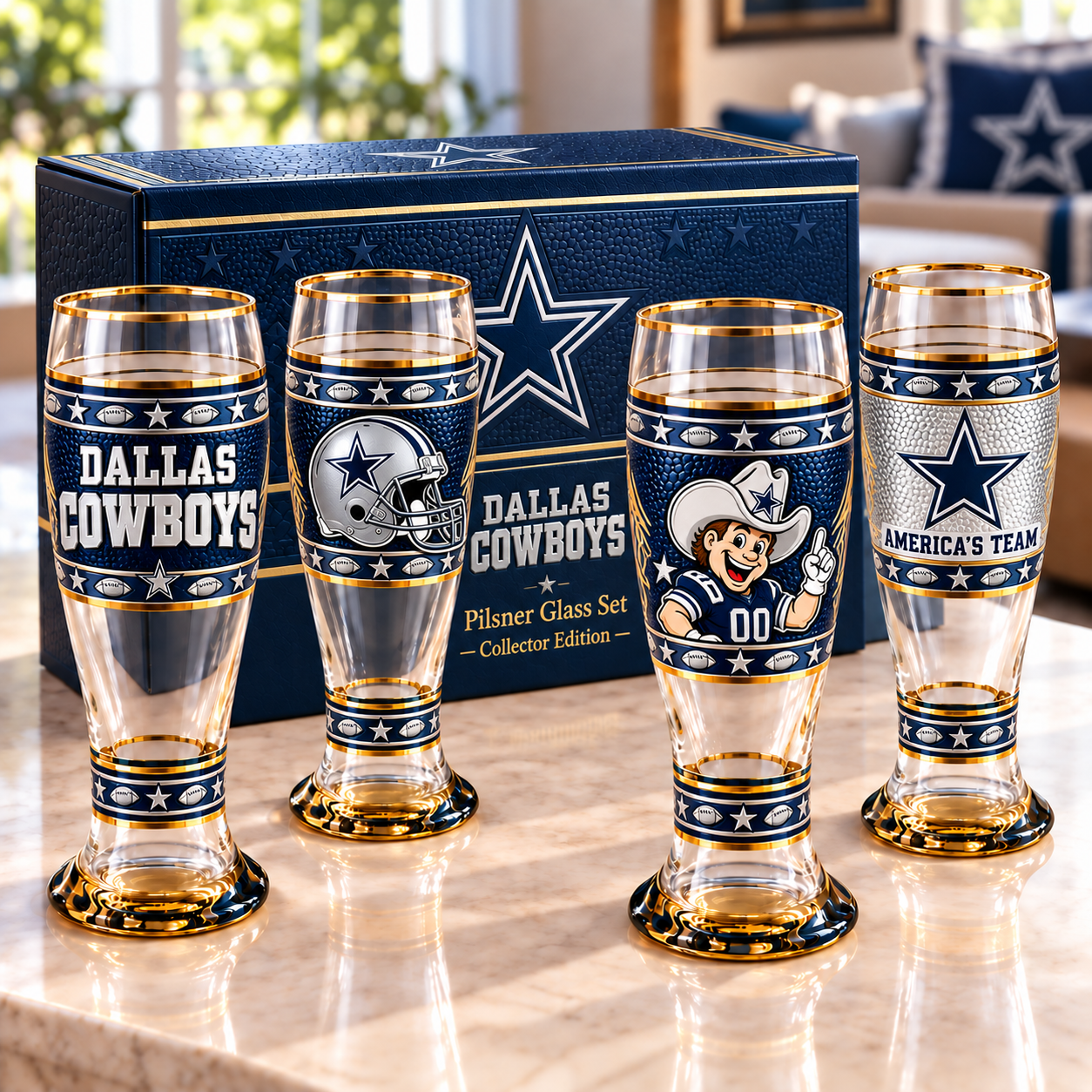 Dallas Cowboys Premium Gold Rimmed Collector’s Edition America’s Team Gift Boxed Pilsner Glass Set
