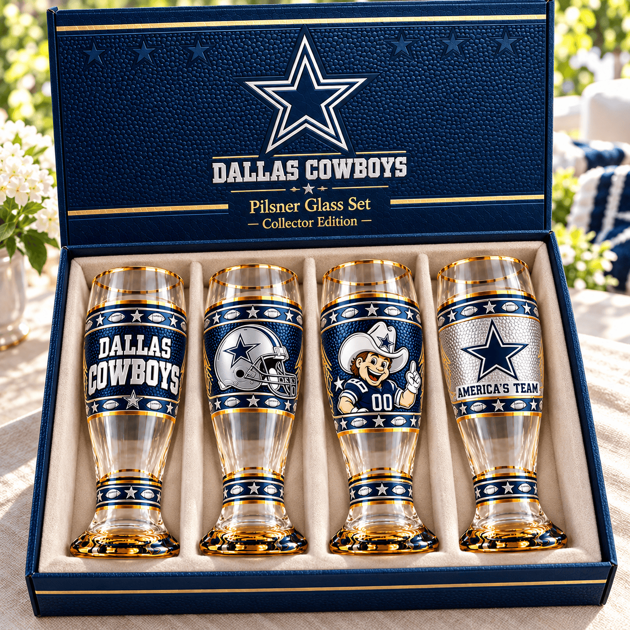 Dallas Cowboys Premium Gold Rimmed Collector’s Edition America’s Team Gift Boxed Pilsner Glass Set Dallas Cowboys Premium Gold Rimmed Collector’s Edition America’s Team Gift Boxed Pilsner Glass Set