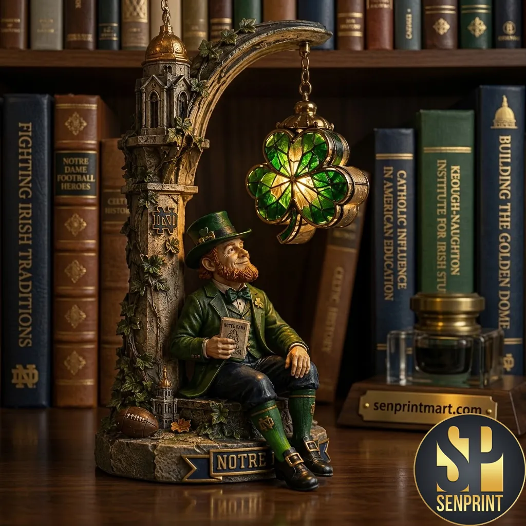 Notre Dame Fighting Irish Leprechaun Shamrock Stained Glass Lamp