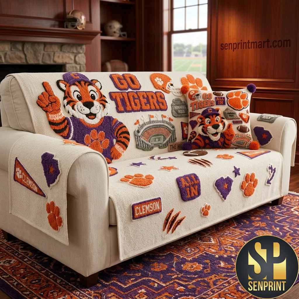 Clemson Tigers Go Tigers Tufted Sofa Cover and Pillow Set