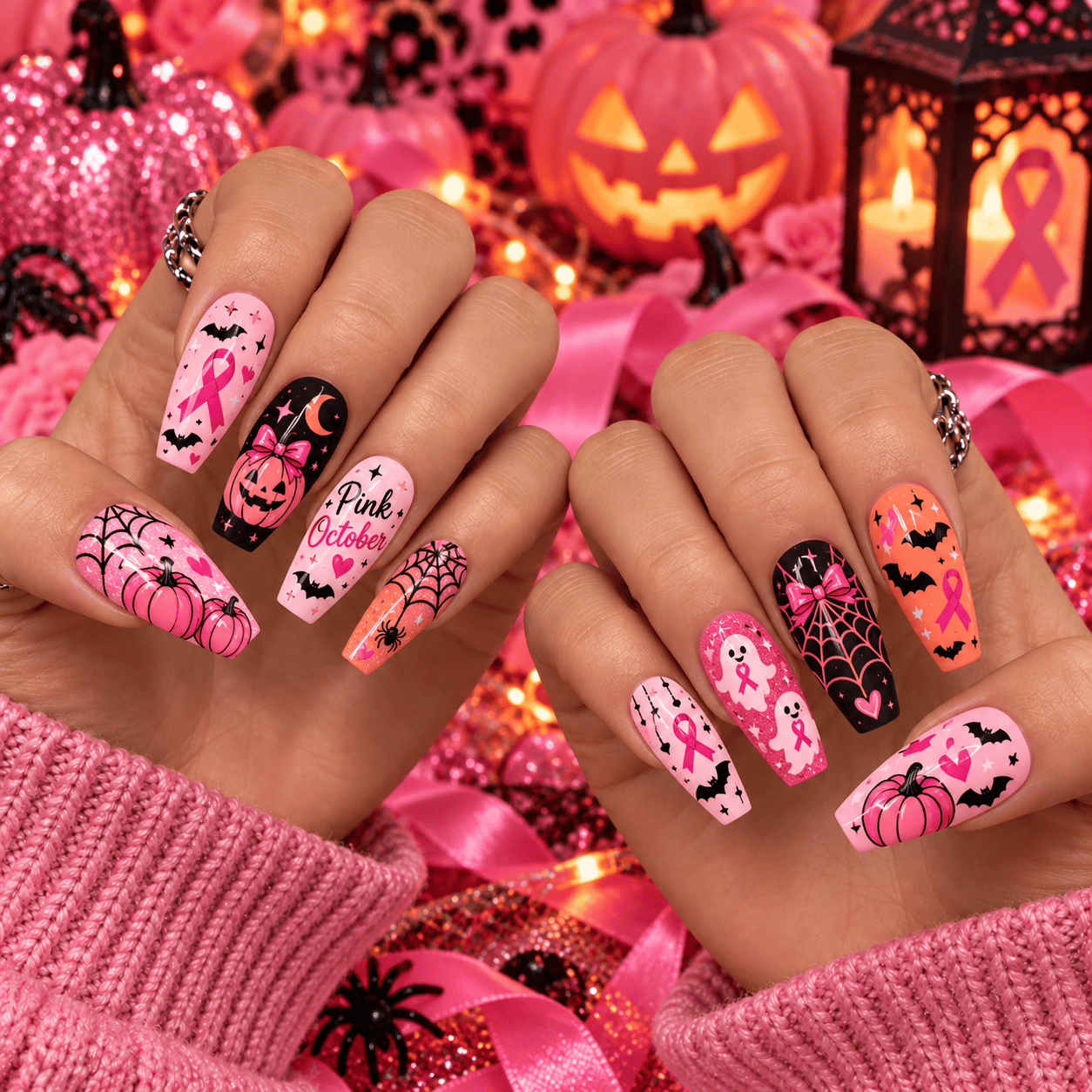 Pink October Breast Cancer Awareness Halloween Spooky Cute Pink Ribbon Ghost Pumpkin Press On Nails