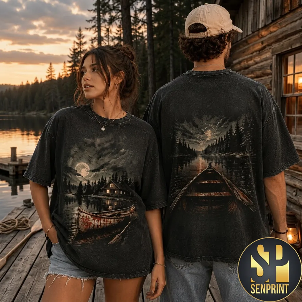 Vintage Cabin Lake Landscape Graphic Oversized T-Shirt