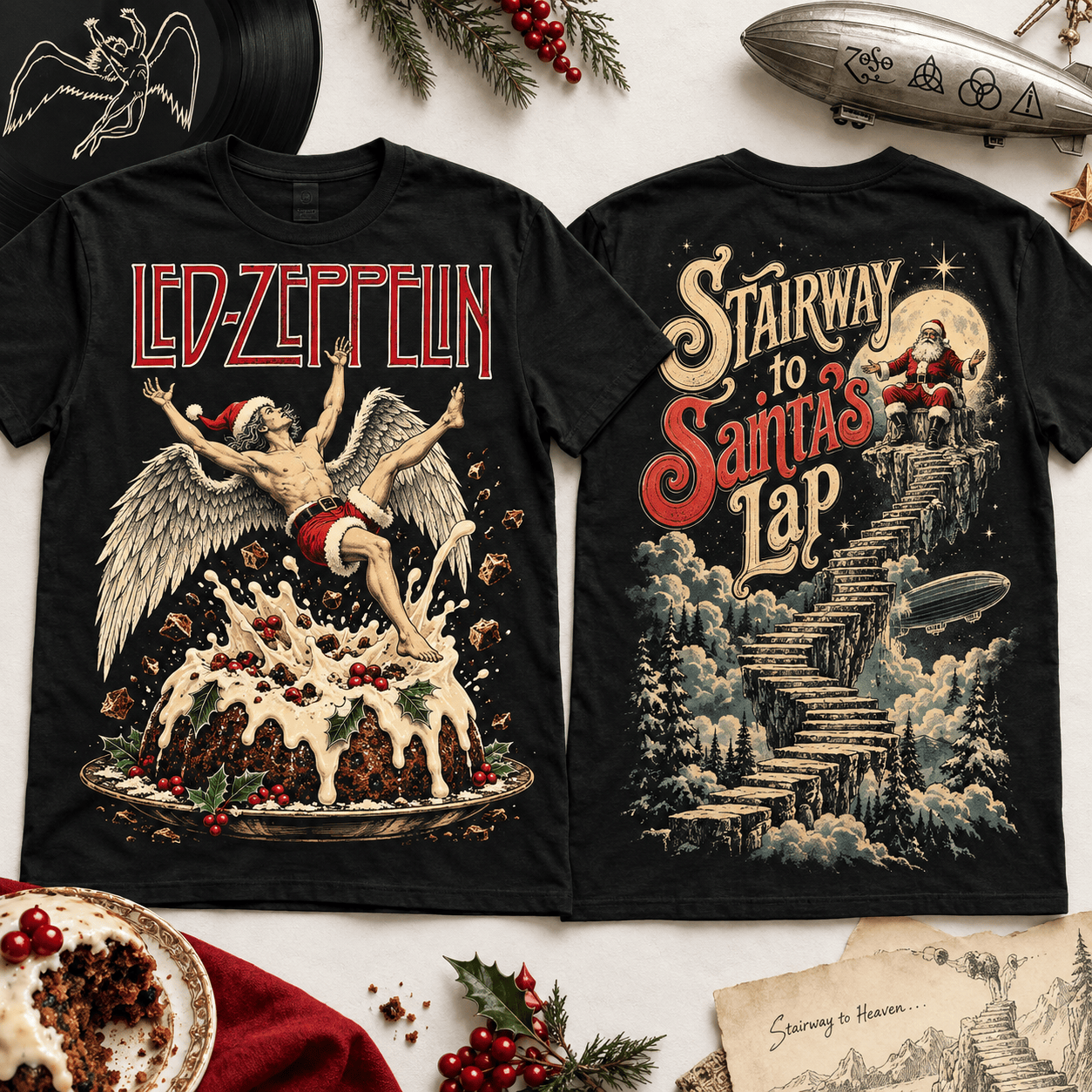 Led Zeppelin Stairway To Santa’s Lap Funny Classic Rock Christmas Graphic T-Shirt