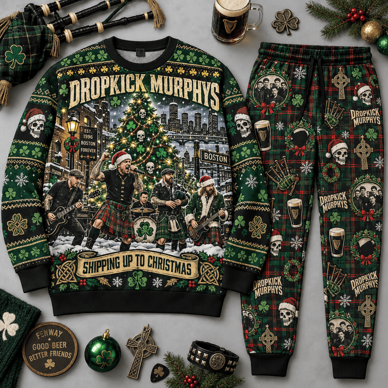 Dropkick Murphys Shipping Up To Christmas Green Celtic Holiday Sweater and Jogger Pants Set
