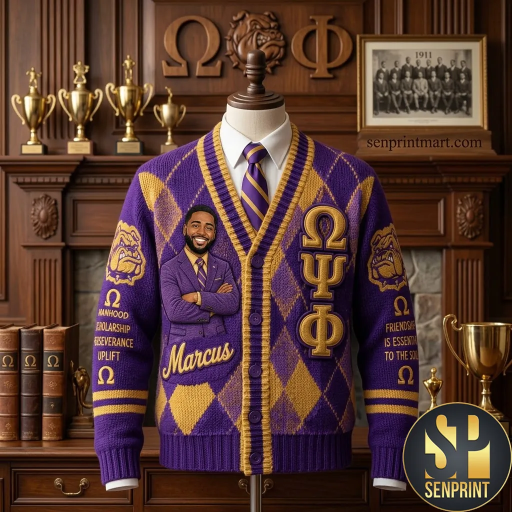 Omega Psi Phi Personalized Premium Argyle Button-Front Cardigan