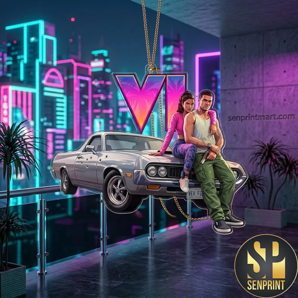 Grand Theft Auto VI Lucia and Jason Neon Style Christmas Ornament