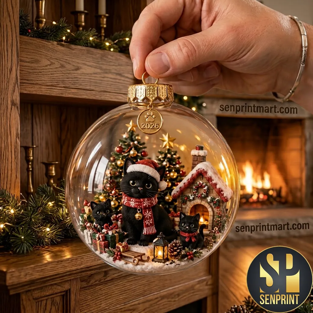 Black Cat Family Christmas 2026 Commemorative Glass Ornament