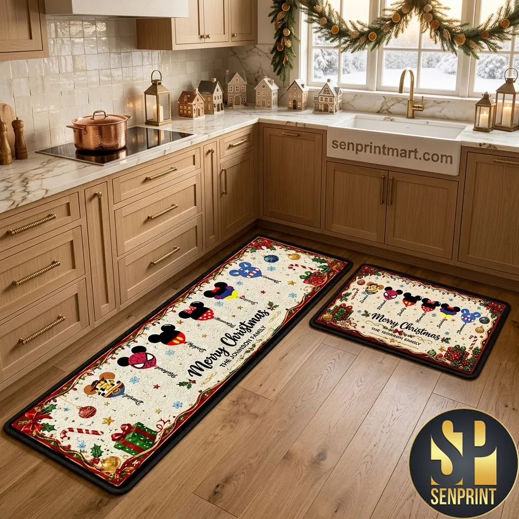 Personalized Merry Christmas Mickey Mouse Family Runner Rug