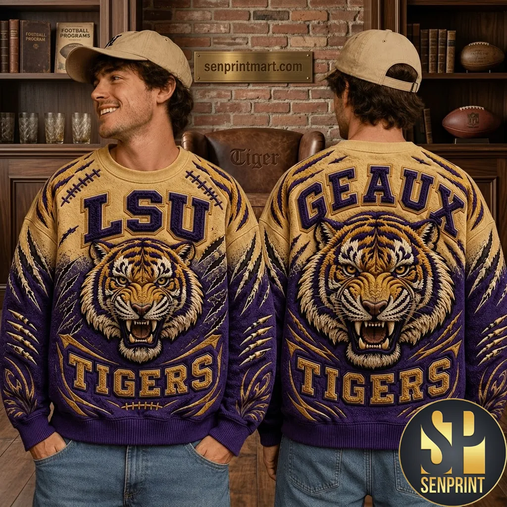 LSU Tigers Geaux Premium 3D Graphic Crewneck Sweater