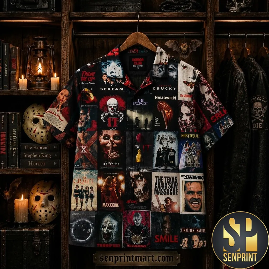 Horror Movie Legends Collage Print Classic Casual Hawaiian Shirt
