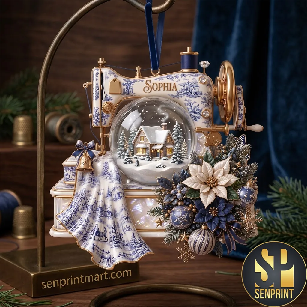 Personalized Toile de Jouy Sewing Machine Christmas Ornament
