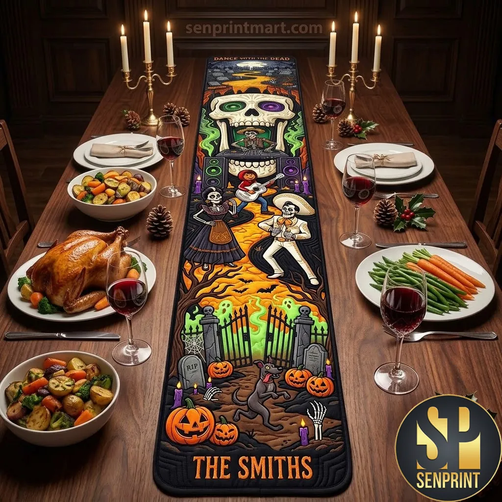 Personalized Dance With The Dead Halloween Quilted Table Runner