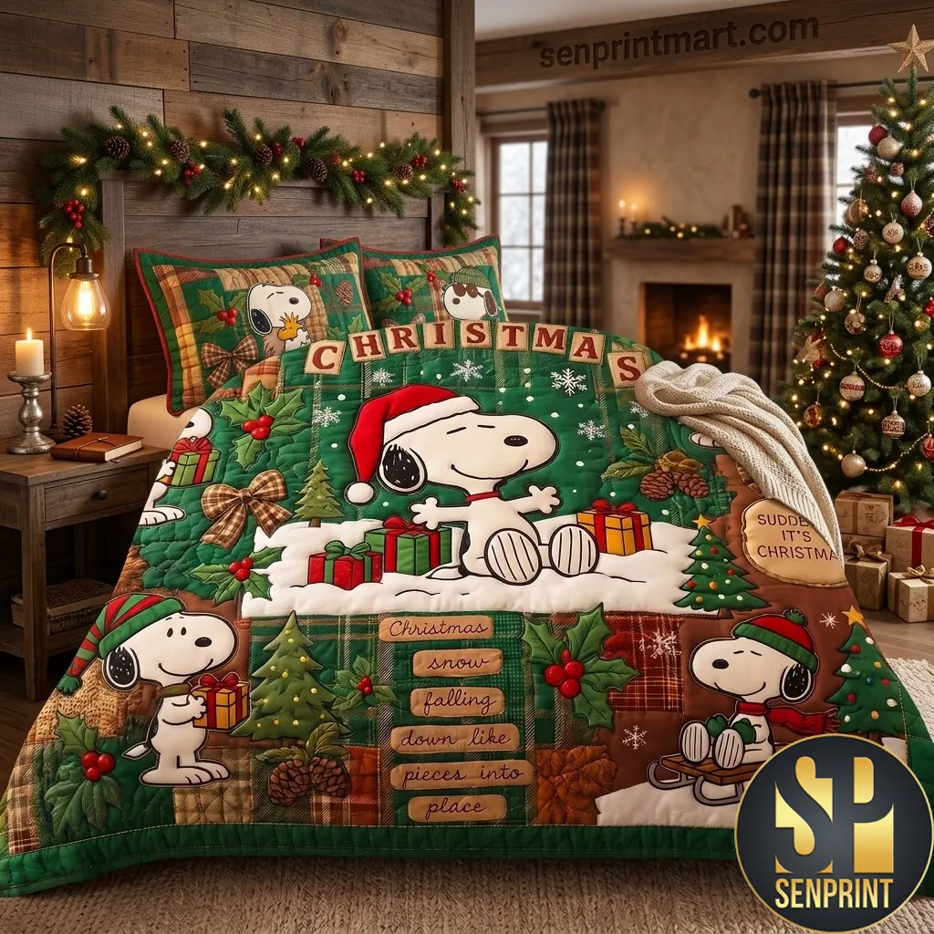 Snoopy Christmas Jingle All The Way Holiday Quilt Bedding Set