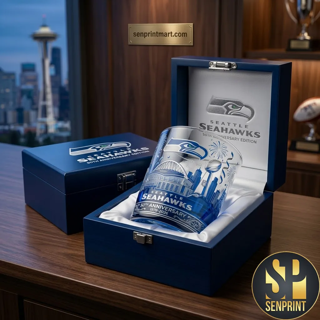 Seattle Seahawks 50th Anniversary Commemorative Etched Whiskey Glass