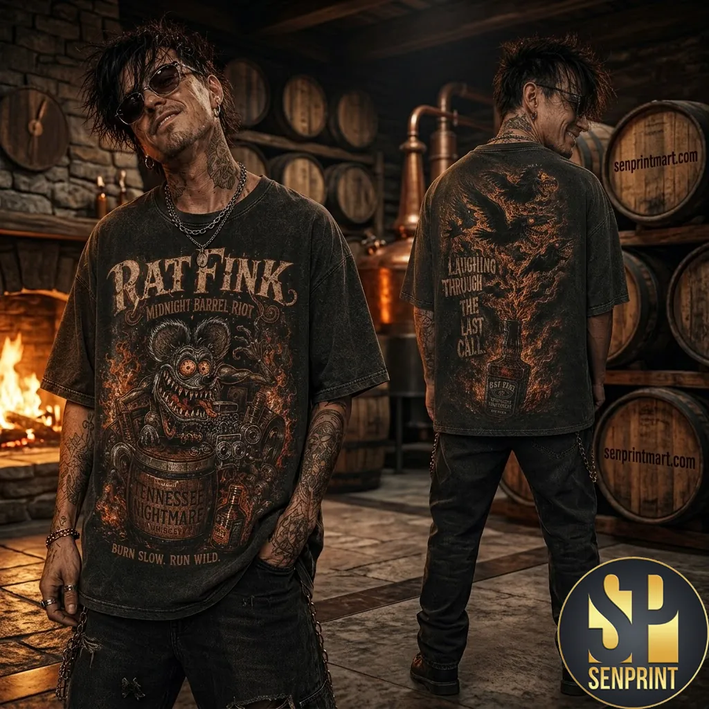 Rat Fink Tennessee Nightmare Midnight Barrel Riot Graphic T-Shirt