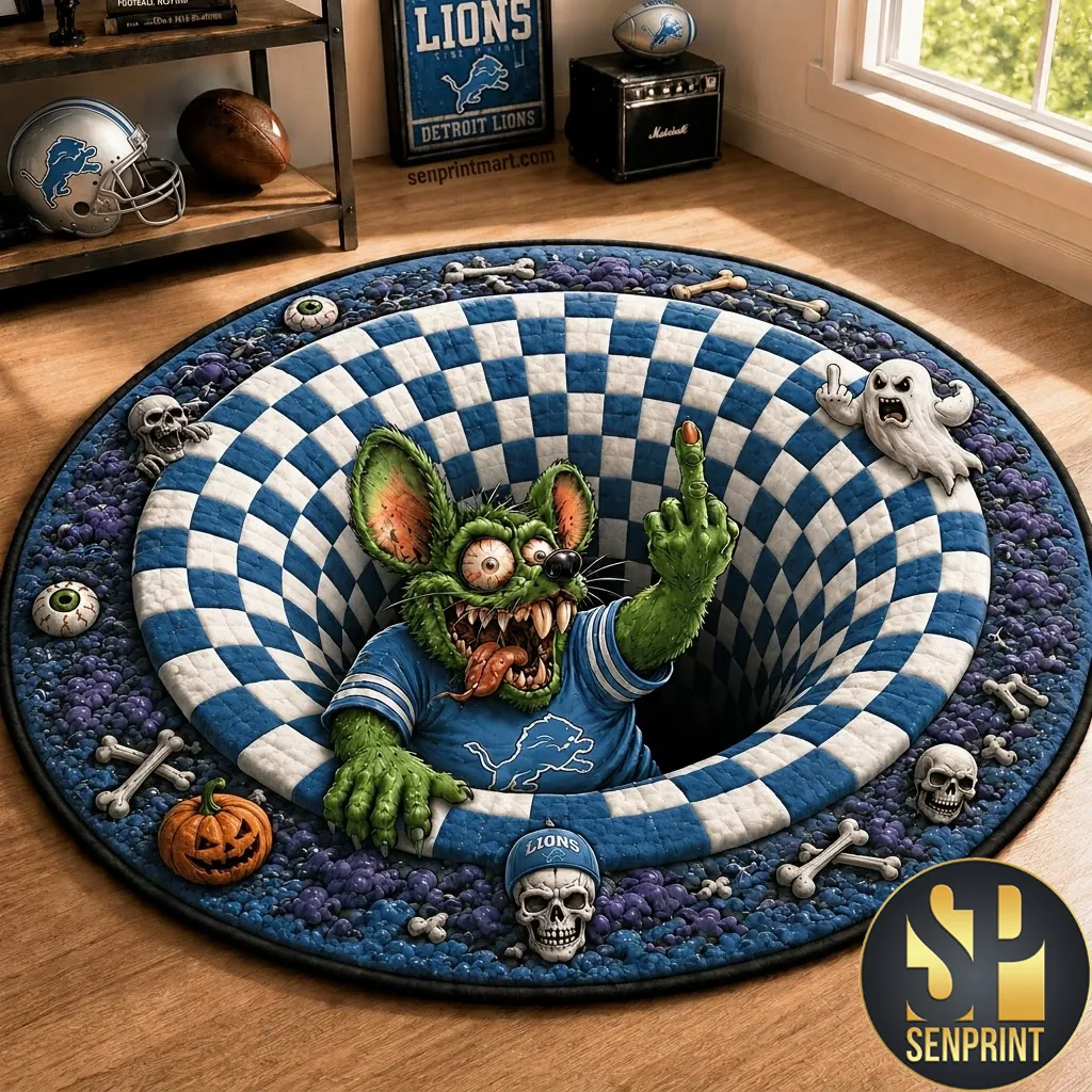 Detroit Lions Halloween 3D Illusion Quilted Round Rug