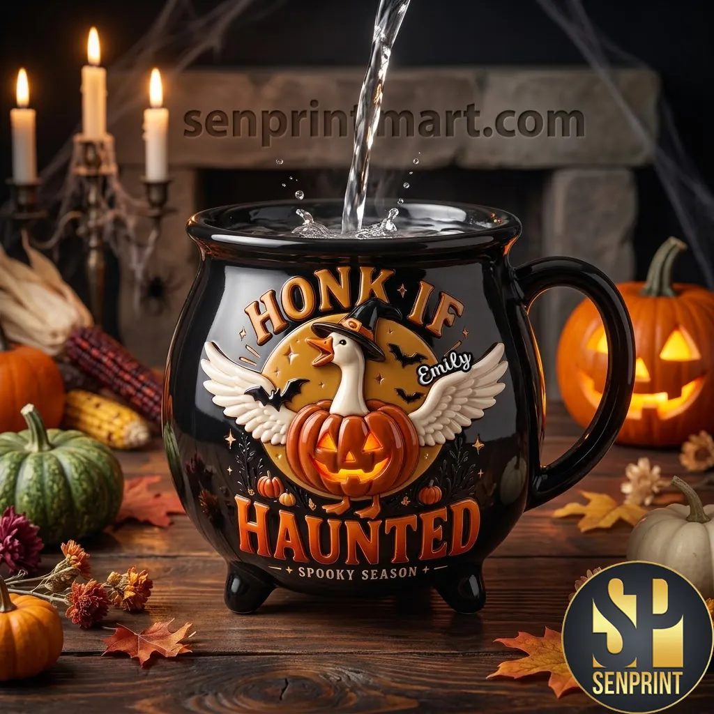 Personalized Honk If Haunted Goose Halloween Cauldron Mug