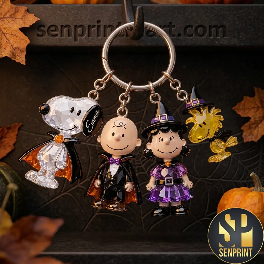 Personalized Halloween Peanuts Comic Friends Crystal Keychain