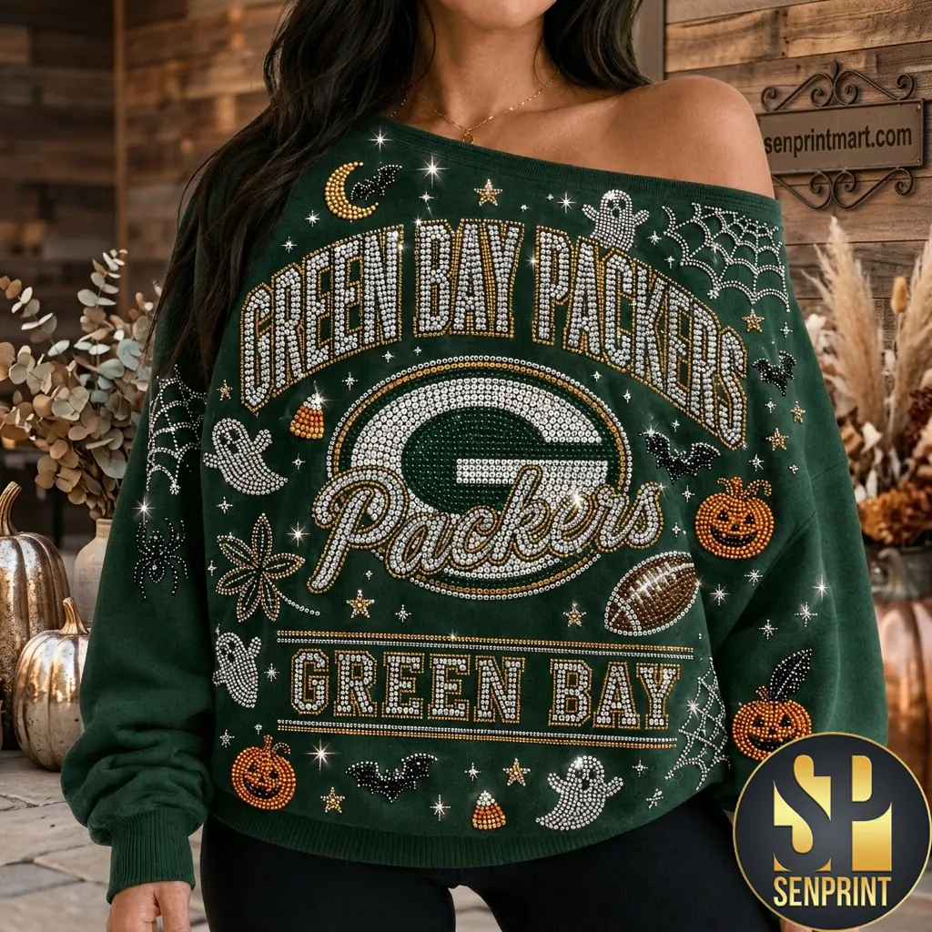 Green Bay Packers Rhinestone Halloween Off The Shoulder Sweatshirt