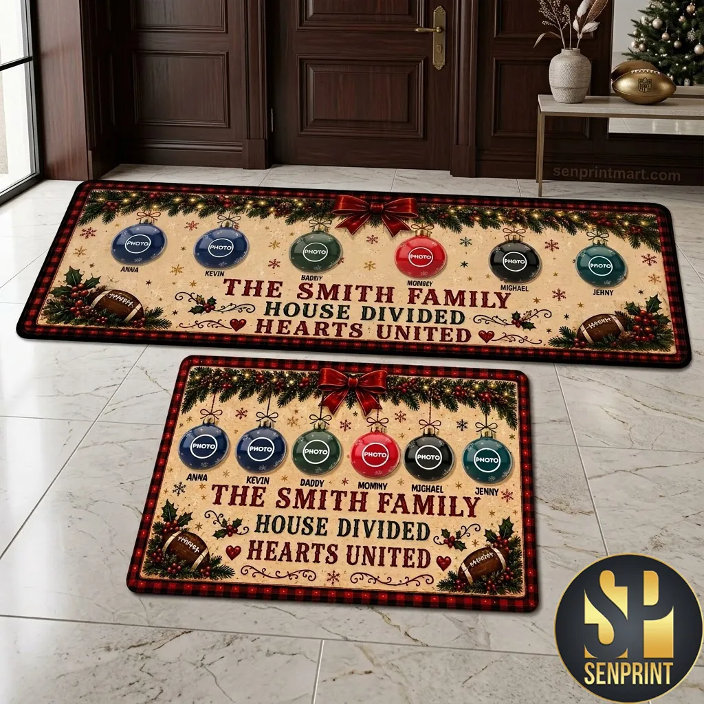 Personalized Family House Divided Hearts United Christmas Photo Runner Rug