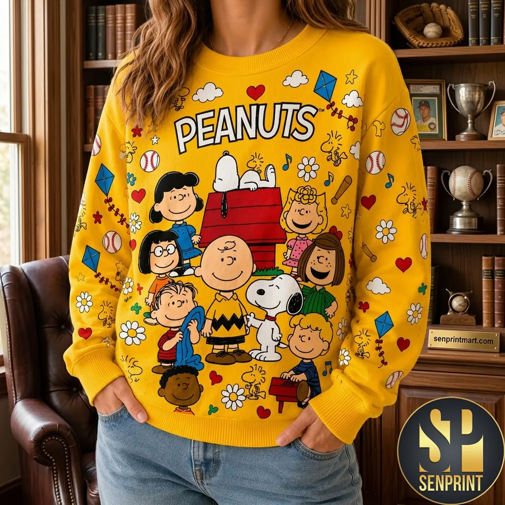 Peanuts Snoopy and Friends Retro Yellow Graphic Holiday Sweatshirt